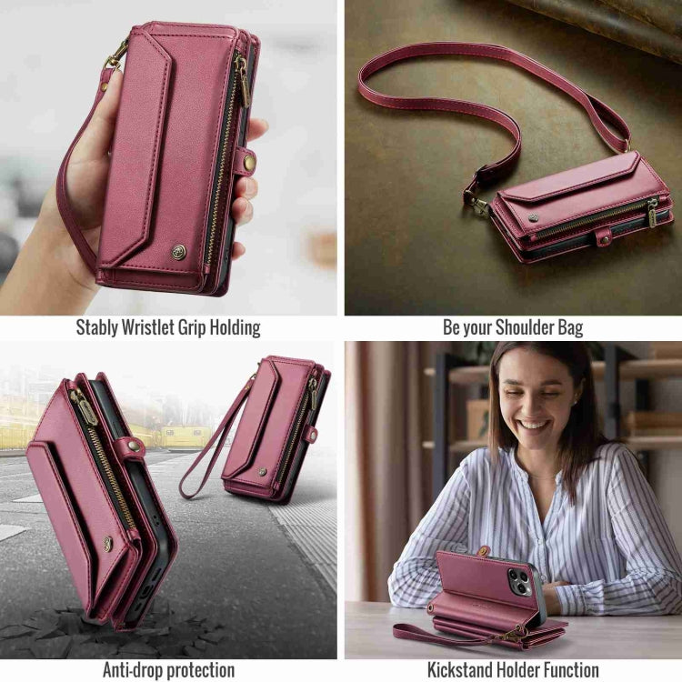 For iPhone 12 Pro Max CaseMe C36 Card Slots Zipper Wallet RFID Anti-theft Leather Phone Case(Wine Red) - free shipping - PMC Jewellery - Order now!