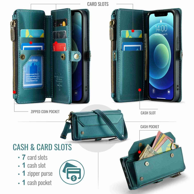 For iPhone 12 CaseMe C36 Card Slots Zipper Wallet RFID Anti-theft Leather Phone Case(Blue-green) - free shipping - PMC Jewellery - Order now!
