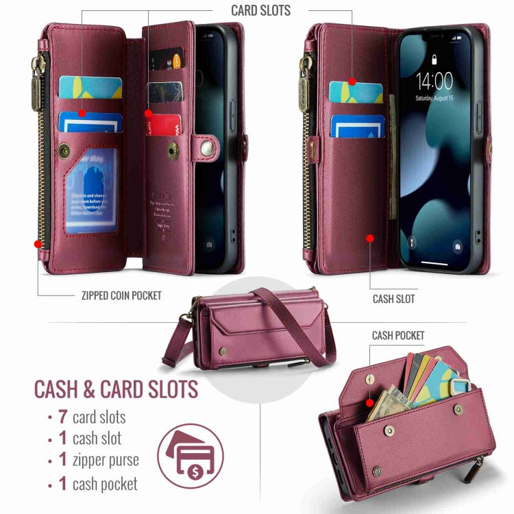 For iPhone 13 Pro CaseMe C36 Card Slots Zipper Wallet RFID Anti-theft Leather Phone Case(Wine Red) - free shipping - PMC Jewellery - Order now!