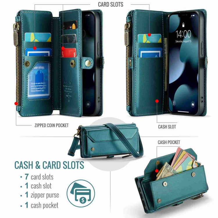 For iPhone 13 Pro Max CaseMe C36 Card Slots Zipper Wallet RFID Anti-theft Leather Phone Case(Blue-green) - free shipping - PMC Jewellery - Order now!