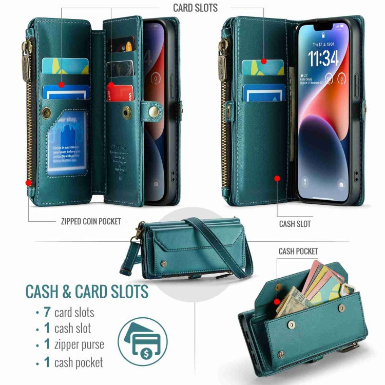 For iPhone 14 Plus CaseMe C36 Card Slots Zipper Wallet RFID Anti-theft Leather Phone Case(Blue-green) - free shipping - PMC Jewellery - Order now!