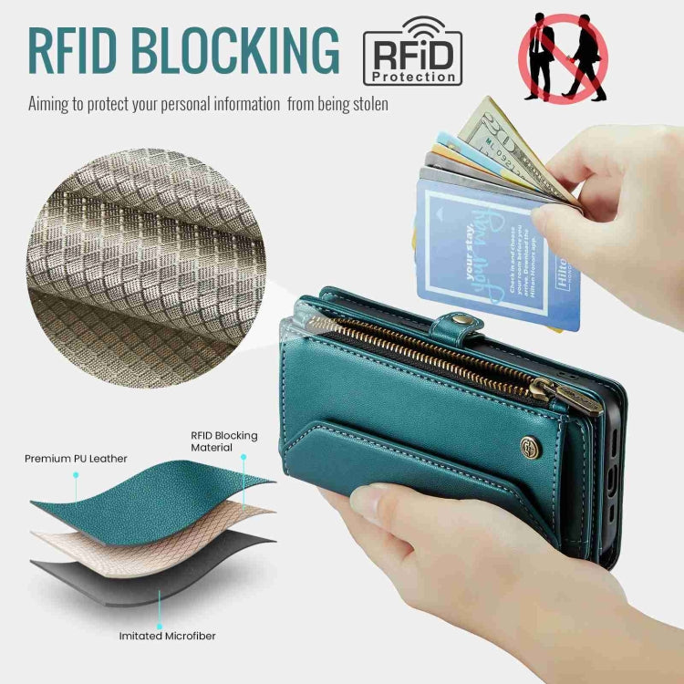 For iPhone 14 Plus CaseMe C36 Card Slots Zipper Wallet RFID Anti-theft Leather Phone Case(Blue-green) - free shipping - PMC Jewellery - Order now!