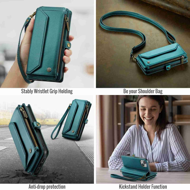 For iPhone 14 Plus CaseMe C36 Card Slots Zipper Wallet RFID Anti-theft Leather Phone Case(Blue-green) - free shipping - PMC Jewellery - Order now!