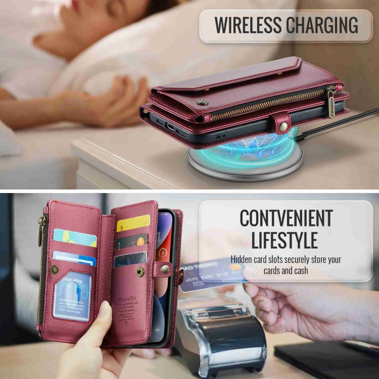 For iPhone 14 Plus CaseMe C36 Card Slots Zipper Wallet RFID Anti-theft Leather Phone Case(Wine Red) - free shipping - PMC Jewellery - Order now!