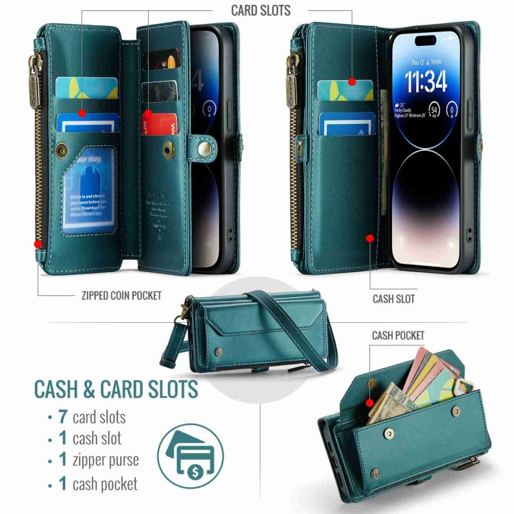 For iPhone 14 Pro CaseMe C36 Card Slots Zipper Wallet RFID Anti-theft Leather Phone Case(Blue-green) - free shipping - PMC Jewellery - Order now!