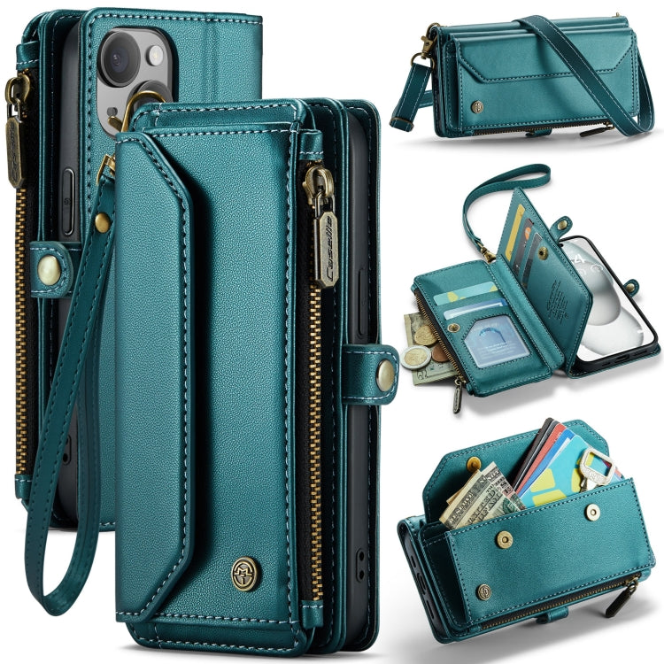 For iPhone 15 Plus CaseMe C36 Card Slots Zipper Wallet RFID Anti-theft Leather Phone Case(Blue-green) - free shipping - PMC Jewellery - Order now!
