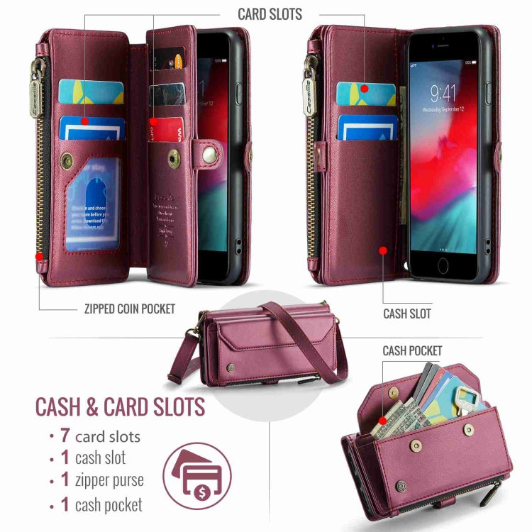 For iPhone SE 2022 / SE 2020 CaseMe C36 Card Slots Zipper Wallet RFID Anti-theft Leather Phone Case(Wine Red) - free shipping - PMC Jewellery - Order now!