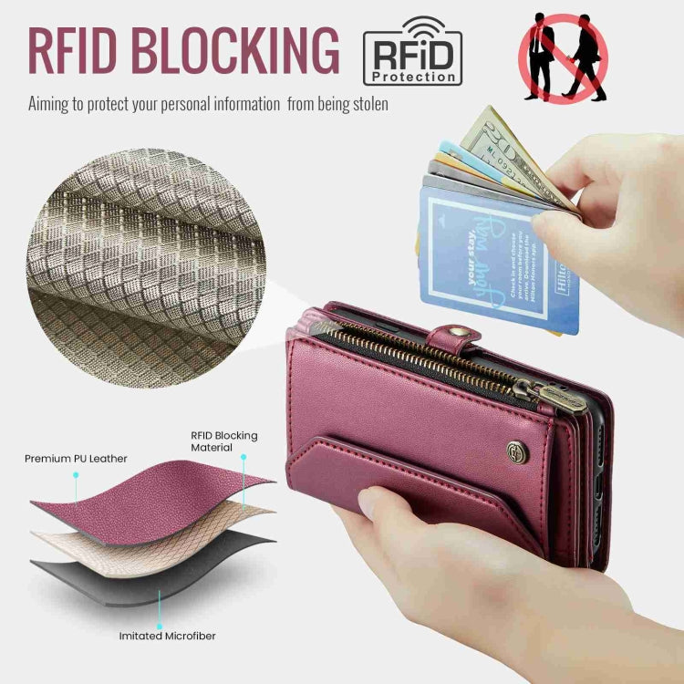 For iPhone SE 2022 / SE 2020 CaseMe C36 Card Slots Zipper Wallet RFID Anti-theft Leather Phone Case(Wine Red) - free shipping - PMC Jewellery - Order now!