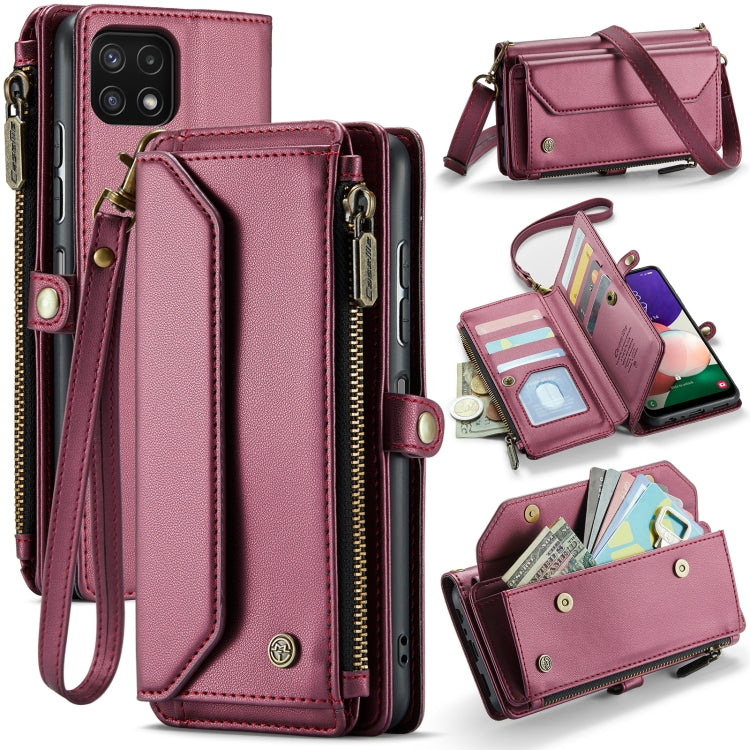 For Samsung Galaxy A22 5G CaseMe C36 Card Slots Zipper Wallet RFID Anti-theft Leather Phone Case(Wine Red) - free shipping - PMC Jewellery - Order now!
