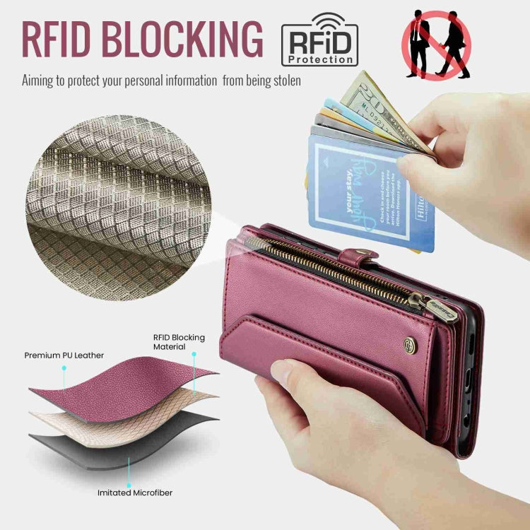 For Samsung Galaxy A22 5G CaseMe C36 Card Slots Zipper Wallet RFID Anti-theft Leather Phone Case(Wine Red) - free shipping - PMC Jewellery - Order now!