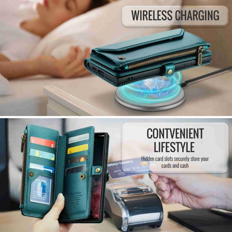 For Samsung Galaxy S22 Ultra 5G CaseMe C36 Card Slots Zipper Wallet RFID Anti-theft Leather Phone Case(Blue-green) - free shipping - PMC Jewellery - Order now!