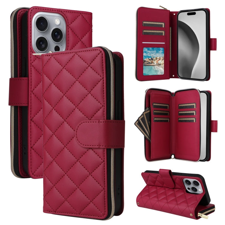 For iPhone 16 Pro Max Crossbody Rhombic Zipper Tower Buckle Leather Phone Case with Lanyard(Wine Red) - free shipping - PMC TechLife - Order now!