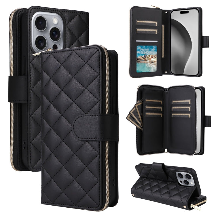 For iPhone 16 Pro Max Crossbody Rhombic Zipper Tower Buckle Leather Phone Case with Lanyard(Black) - iPhone 16 Pro Max Cases by PMC TechLife | Online Shopping South Africa | PMC TechLife | Buy Now Pay Later Mobicred