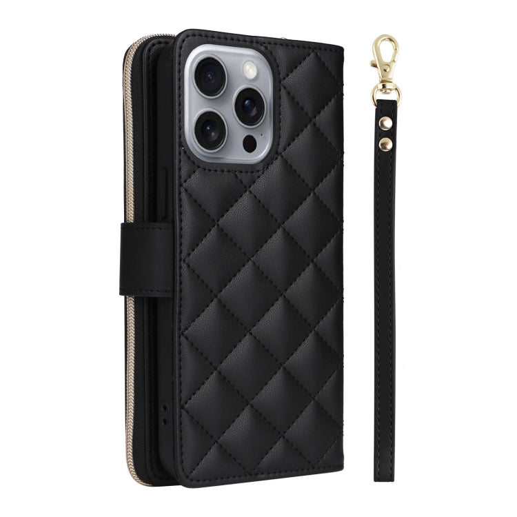 For iPhone 16 Pro Max Crossbody Rhombic Zipper Tower Buckle Leather Phone Case with Lanyard(Black) - iPhone 16 Pro Max Cases by PMC TechLife | Online Shopping South Africa | PMC TechLife | Buy Now Pay Later Mobicred