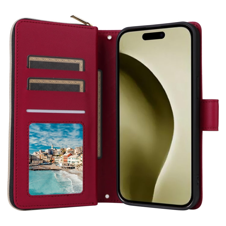 For iPhone 16 Pro Crossbody Rhombic Zipper Tower Buckle Leather Phone Case with Lanyard(Wine Red) - iPhone 16 Pro Cases by PMC TechLife | Online Shopping South Africa | PMC TechLife | Buy Now Pay Later Mobicred