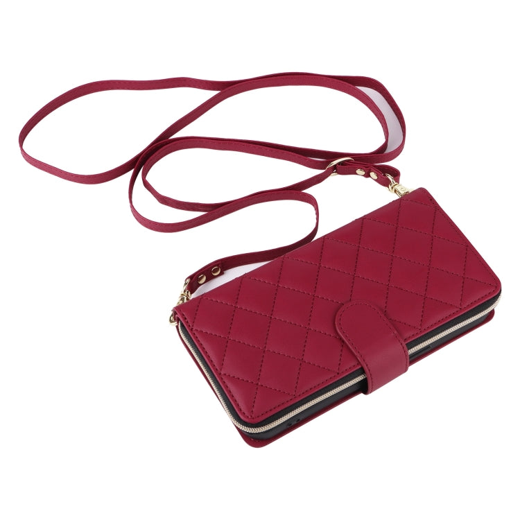 For iPhone 16 Pro Crossbody Rhombic Zipper Tower Buckle Leather Phone Case with Lanyard(Wine Red) - iPhone 16 Pro Cases by PMC TechLife | Online Shopping South Africa | PMC TechLife | Buy Now Pay Later Mobicred