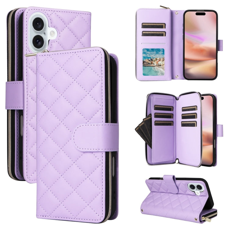 For iPhone 16 Plus Crossbody Rhombic Zipper Tower Buckle Leather Phone Case with Lanyard(Purple) - iPhone 16 Plus Cases by PMC TechLife | Online Shopping South Africa | PMC TechLife | Buy Now Pay Later Mobicred