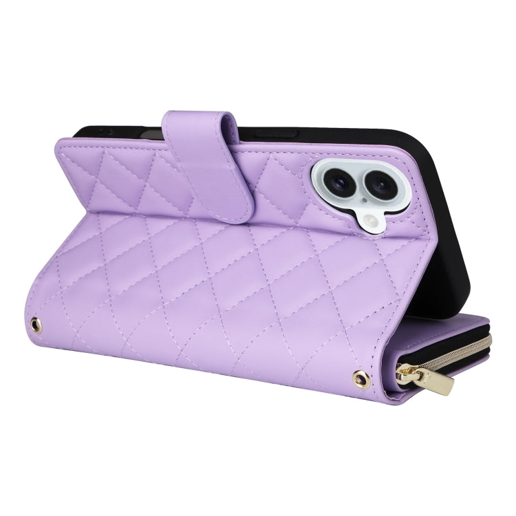 For iPhone 16 Plus Crossbody Rhombic Zipper Tower Buckle Leather Phone Case with Lanyard(Purple) - iPhone 16 Plus Cases by PMC TechLife | Online Shopping South Africa | PMC TechLife | Buy Now Pay Later Mobicred