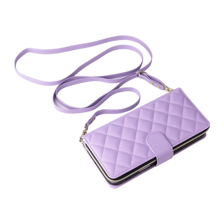 For iPhone 16 Plus Crossbody Rhombic Zipper Tower Buckle Leather Phone Case with Lanyard(Purple) - iPhone 16 Plus Cases by PMC TechLife | Online Shopping South Africa | PMC TechLife | Buy Now Pay Later Mobicred
