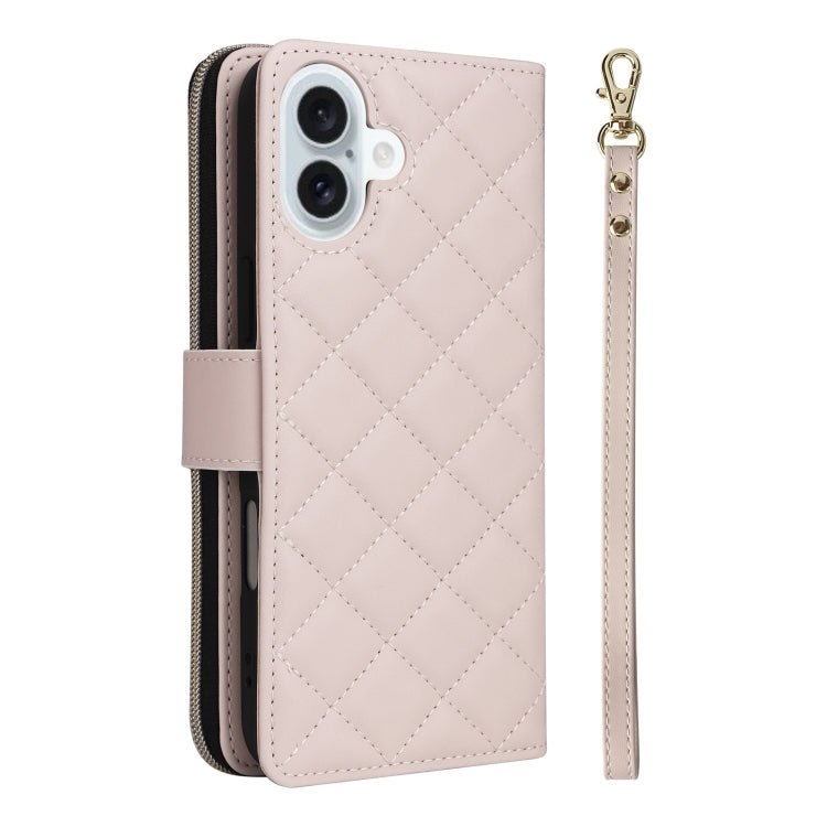 For iPhone 16 Plus Crossbody Rhombic Zipper Tower Buckle Leather Phone Case with Lanyard(Beige) - iPhone 16 Plus Cases by PMC TechLife | Online Shopping South Africa | PMC TechLife | Buy Now Pay Later Mobicred