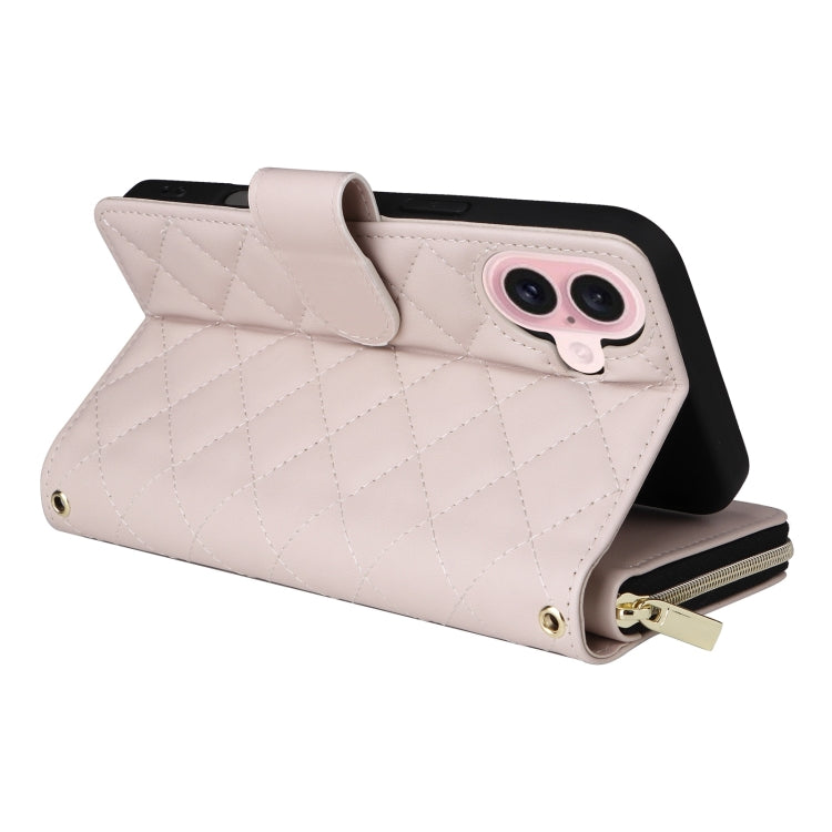 For iPhone 16 Crossbody Rhombic Zipper Tower Buckle Leather Phone Case with Lanyard(Beige) - iPhone 16 Cases by PMC TechLife | Online Shopping South Africa | PMC TechLife | Buy Now Pay Later Mobicred