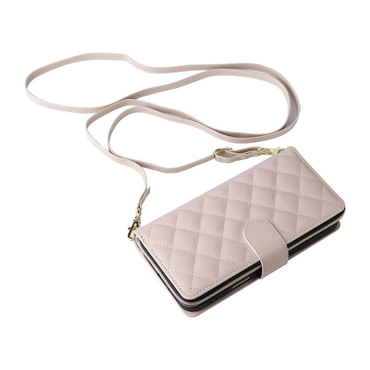For iPhone 16 Crossbody Rhombic Zipper Tower Buckle Leather Phone Case with Lanyard(Beige) - iPhone 16 Cases by PMC TechLife | Online Shopping South Africa | PMC TechLife | Buy Now Pay Later Mobicred