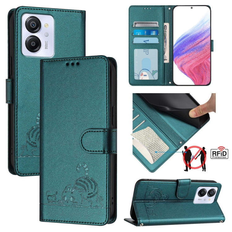 For Blackview Color 8 Cat Rat Embossed Pattern RFID Leather Phone Case with Lanyard(Peacock Green) - More Brand by PMC TechLife | Online Shopping South Africa | PMC TechLife | Buy Now Pay Later Mobicred