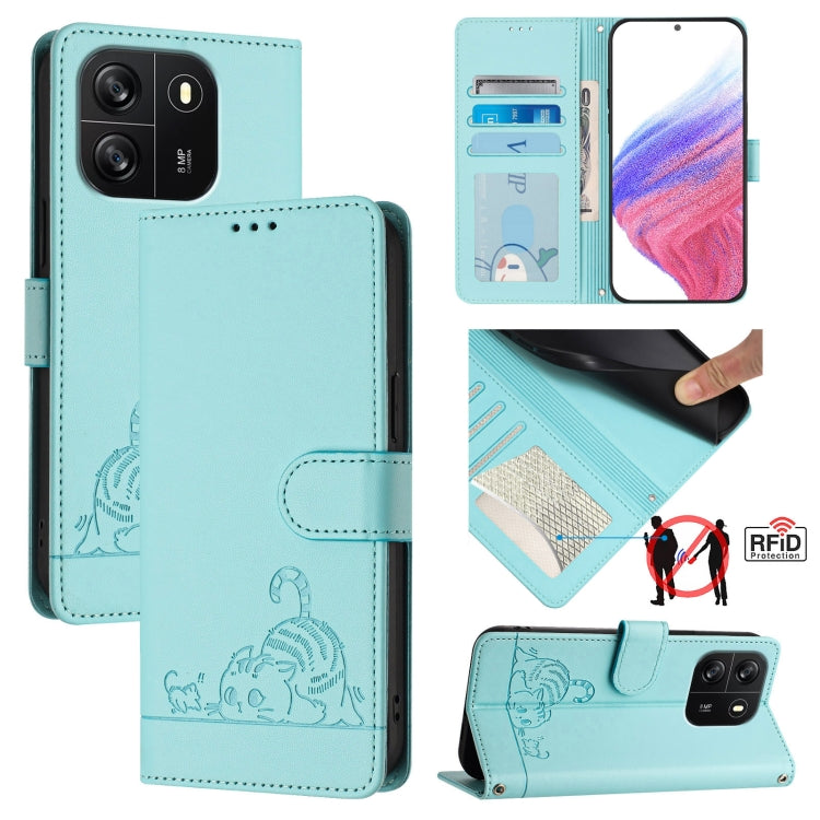 For Blackview Wave 6C Cat Rat Embossed Pattern RFID Leather Phone Case with Lanyard(Mint Green) - free shipping - PMC TechLife - Order now!