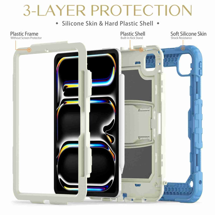 For iPad Pro 11 2024 Silicone Hydric PC Tablet Case with Shoulder Strap & Holder(Beige Cyan-blue) - iPad Pro 11 2024 Cases by PMC TechLife | Online Shopping South Africa | PMC TechLife | Buy Now Pay Later Mobicred