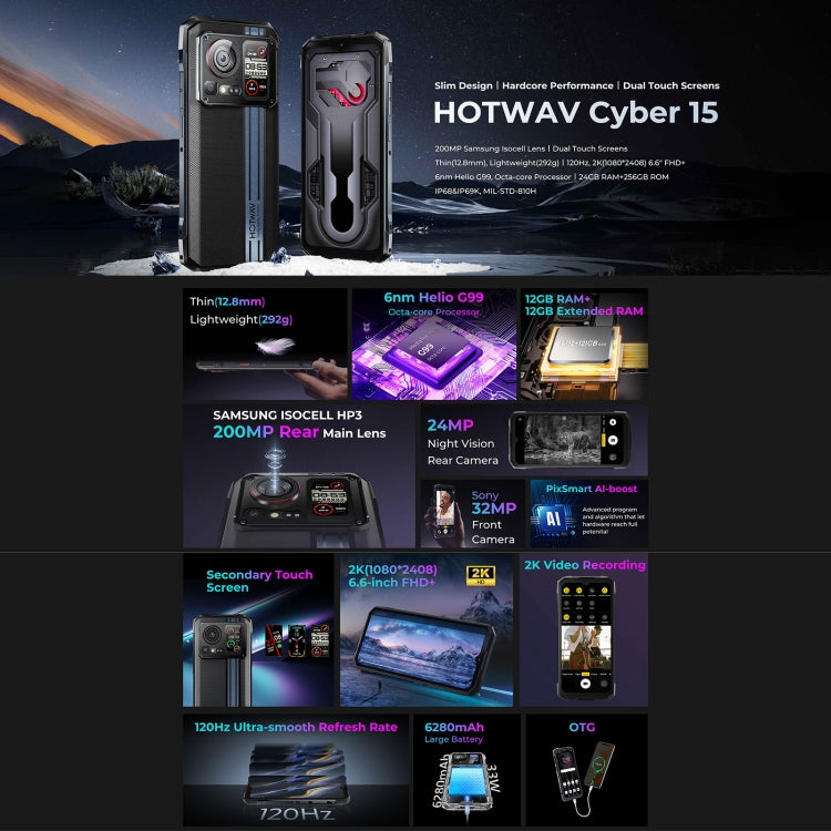 HOTWAV Cyber 15, 12GB+256GB, IP68/IP69K Rugged Phone, 6280mAh, 6.6 inch Android 13 MediaTek MT6789 Helio G99 Octa Core, Network: 4G, NFC, OTG(Knight Black) - free shipping - PMC TechLife - Order now!