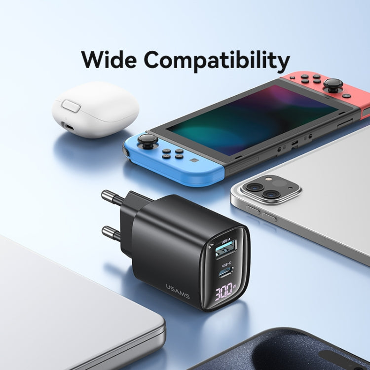 USAMS CC229 30W USB+USB-C / Type-C Dual Port GaN Digital Display Charger, Specifications: EU Plug(Black) - free shipping - PMC Jewellery - Order now!