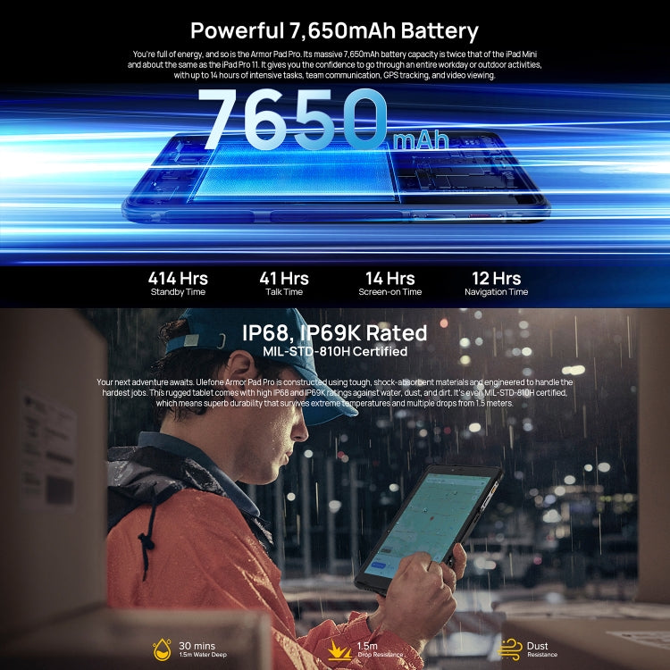 Ulefone Armor Pad Pro Rugged Tablet PC, 8GB+128GB, 8 inch Android 13 MediaTek MT8788 Octa Core 4G Network, EU Plug(Black) - free shipping - PMC TechLife - Order now!
