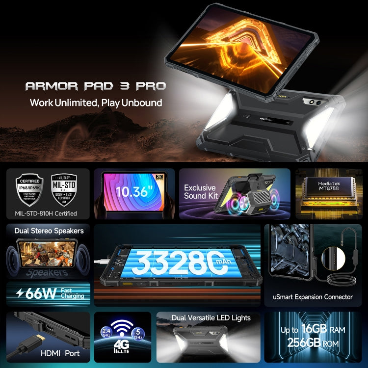 Ulefone Armor Pad 3 Pro Rugged Tablet PC, 8GB+256GB, 10.36 inch Android 13 MediaTek MT8788 Octa Core 4G Network, EU Plug(Black) - free shipping - PMC TechLife - Order now!