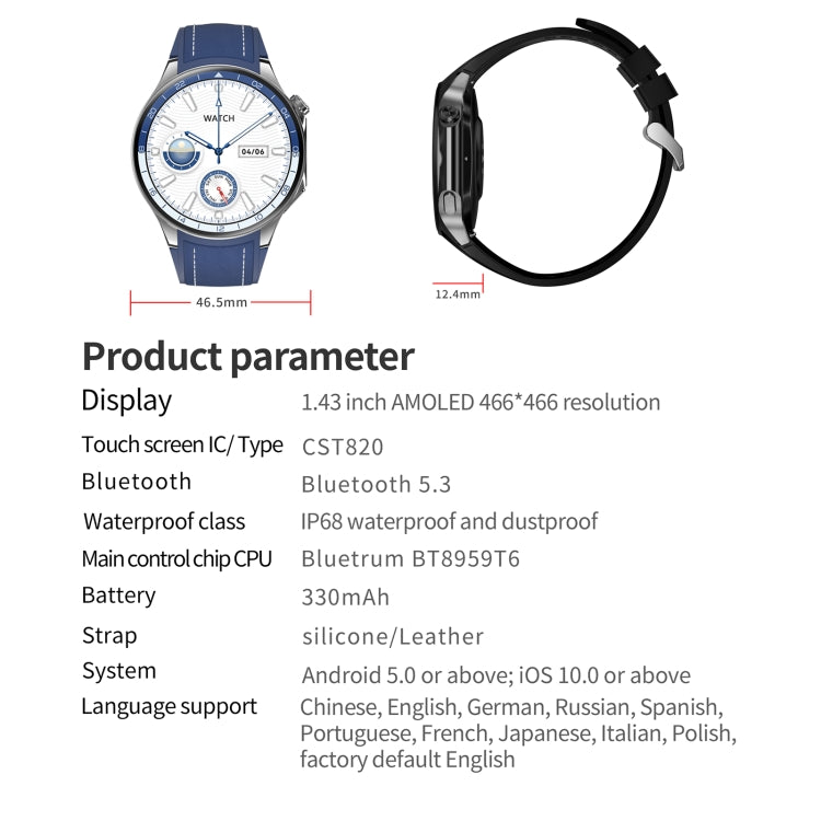 HD Watch X 1.43 inch IP68 BT5.3 Sport Smart Watch, Support Bluetooth Call / Sleep / Blood Oxygen / Heart Rate / Blood Pressure Health Monitor(Silver Steel + Blue Silicone Strap) - Smart Watches by PMC TechLife | Online Shopping South Africa | PMC TechLife | Buy Now Pay Later Mobicred