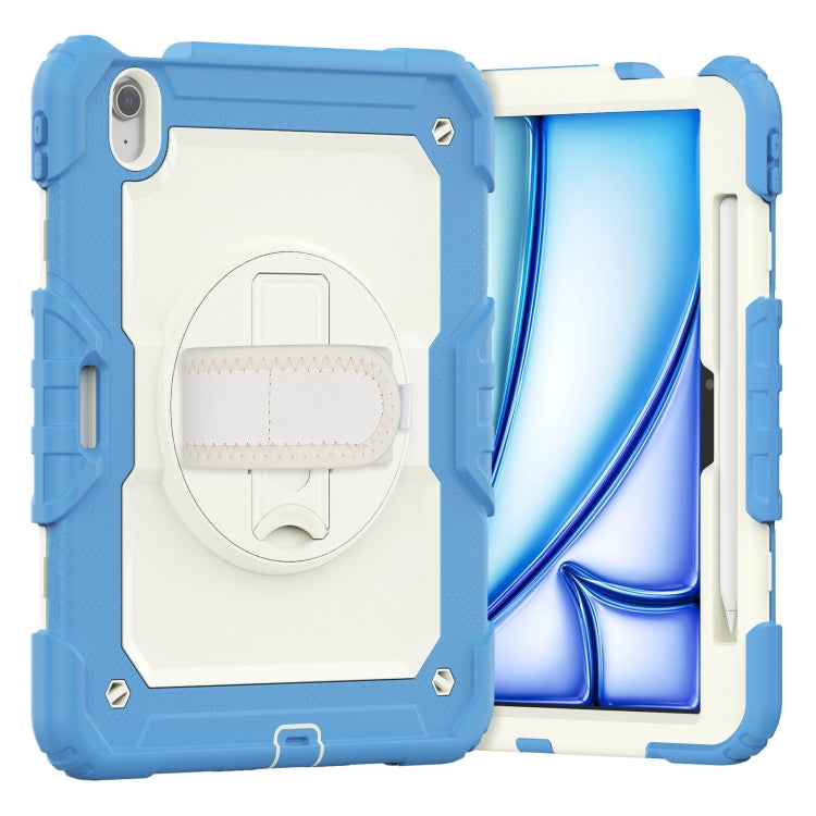 For iPad Air 11 2025 / 2024 Turntable Holder Silicone Hybrid PC Tablet Case with Shoulder Strap(Beige + Cyan-blue) - free shipping - PMC TechLife - Order now!
