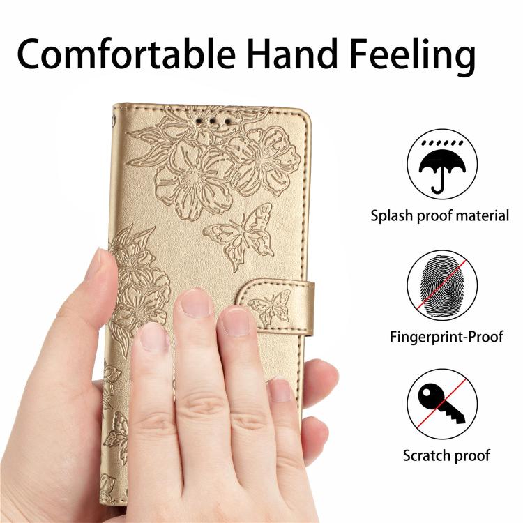 For iPhone 16e Cherry Blossom Butterfly Skin Feel Embossed PU Phone Case(Gold) - free shipping - PMC TechLife - Order now!