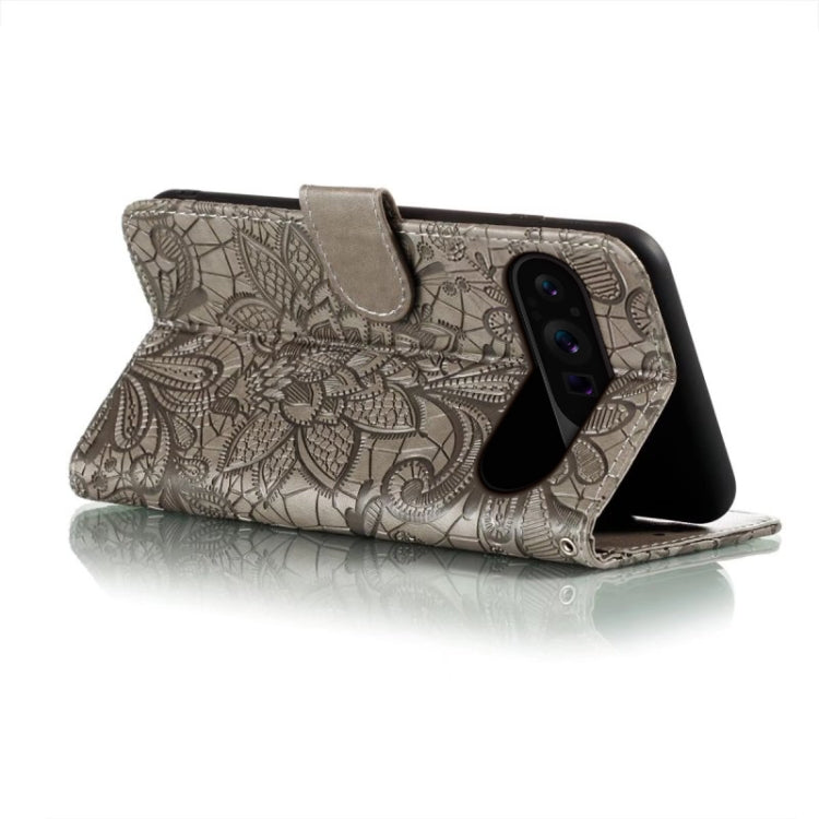 For Google Pixel 9 Pro Lace Flower Embossing Flip Leather Phone Case(Grey) - free shipping - PMC TechLife - Order now!