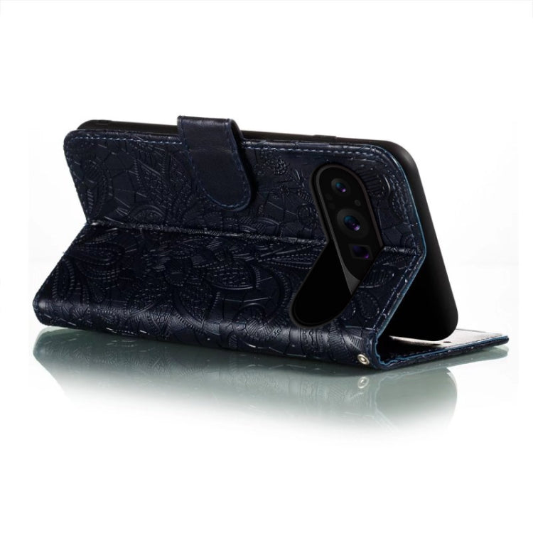 For Google Pixel 9 Pro Lace Flower Embossing Flip Leather Phone Case(Dark Blue) - free shipping - PMC TechLife - Order now!