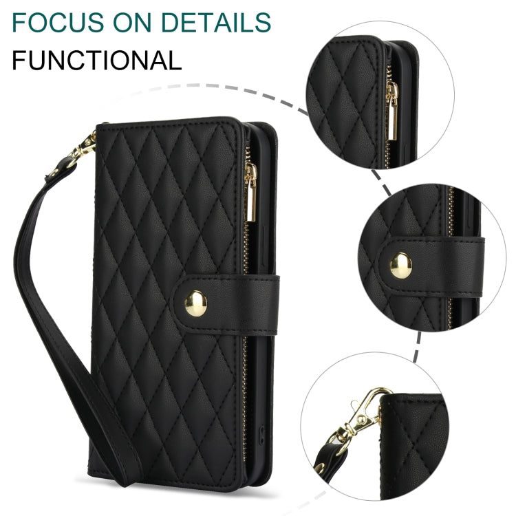 For Samsung Galaxy S24 Ultra 5G YM016 Rhombic Zipper Card Wallet Leather Phone Case with Lanyard(Black) - Galaxy S24 Ultra 5G Cases by PMC Jewellery | Online Shopping South Africa | PMC Jewellery | Buy Now Pay Later Mobicred