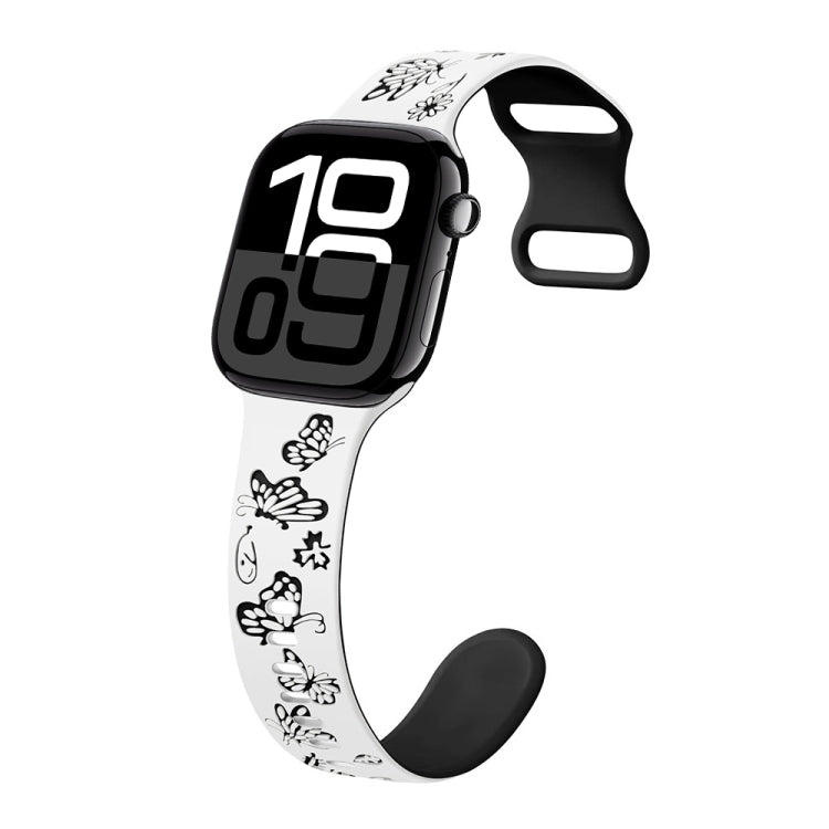 For Apple Watch Series 10 46mm Colorful Butterfly Pattern 8-shaped Buckle Silicone Watch Band(White Black) - free shipping - PMc TechLife - Order now!