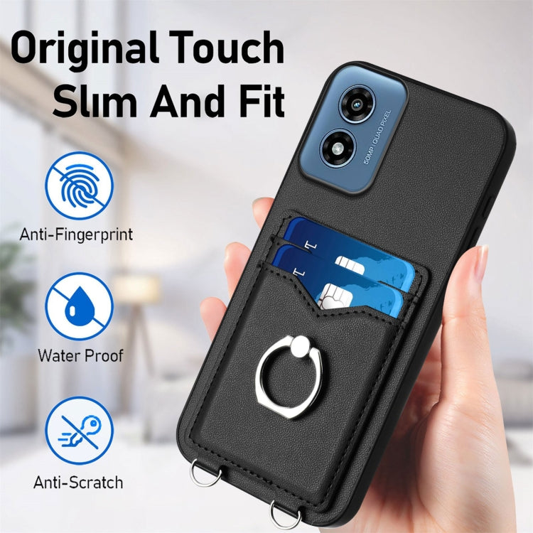 For Motorola Moto G Play 2024 4G R20 Crossbody Rope Ring Card Holder Phone Case(Black) - Motorola Cases by PMC Jewellery | Online Shopping South Africa | PMC Jewellery | Buy Now Pay Later Mobicred