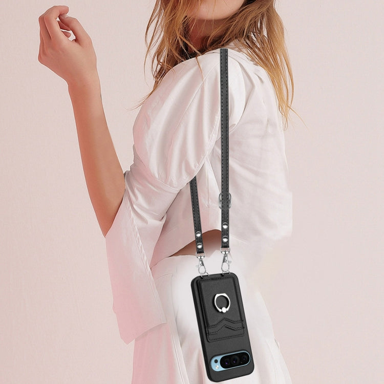 For Google Pixel 9 / 9 Pro R20 Crossbody Rope Ring Card Holder Phone Case(Black) - Google Cases by PMC TechLife | Online Shopping South Africa | PMC TechLife | Buy Now Pay Later Mobicred