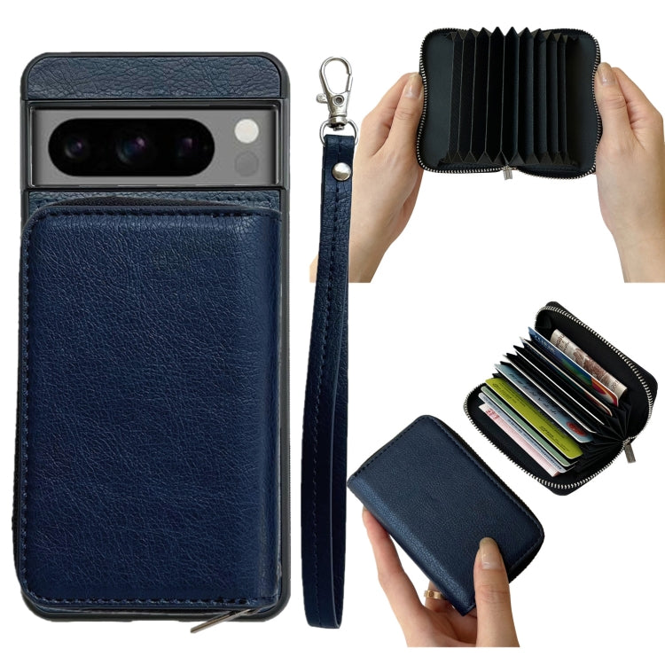 For Google Pixel 7a Solid Color Zipper 11-Card Slots Bag Phone Case with Lanyard(Blue) - Google Cases by PMC TechLife | Online Shopping South Africa | PMC TechLife | Buy Now Pay Later Mobicred