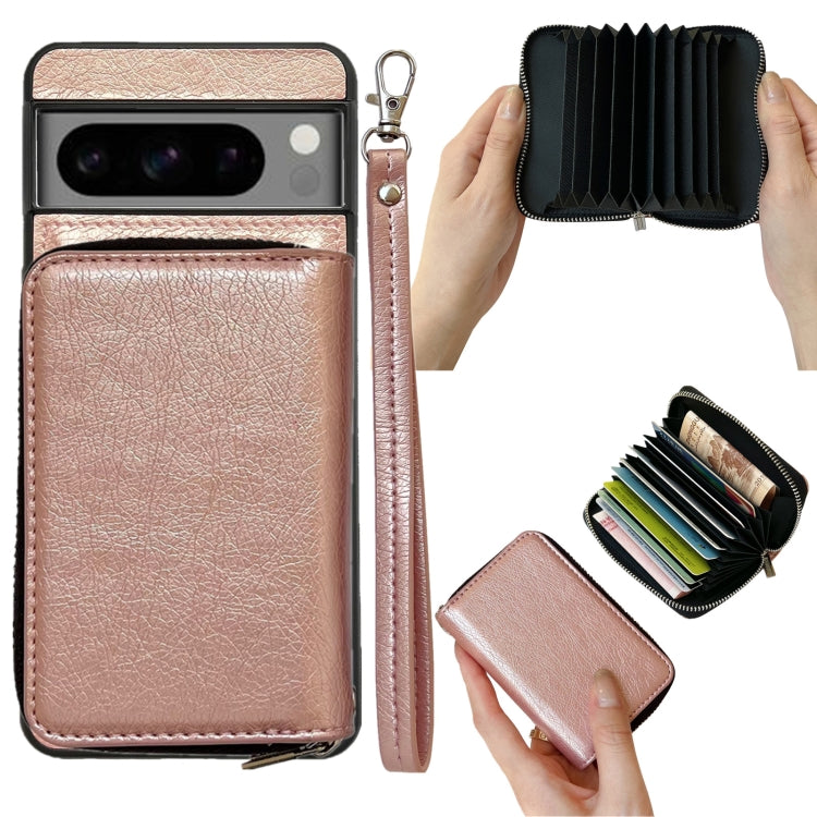 For Google Pixel 7 Pro Solid Color Zipper 11-Card Slots Bag Phone Case with Lanyard(Rose Gold) - Google Cases by PMC TechLife | Online Shopping South Africa | PMC TechLife | Buy Now Pay Later Mobicred