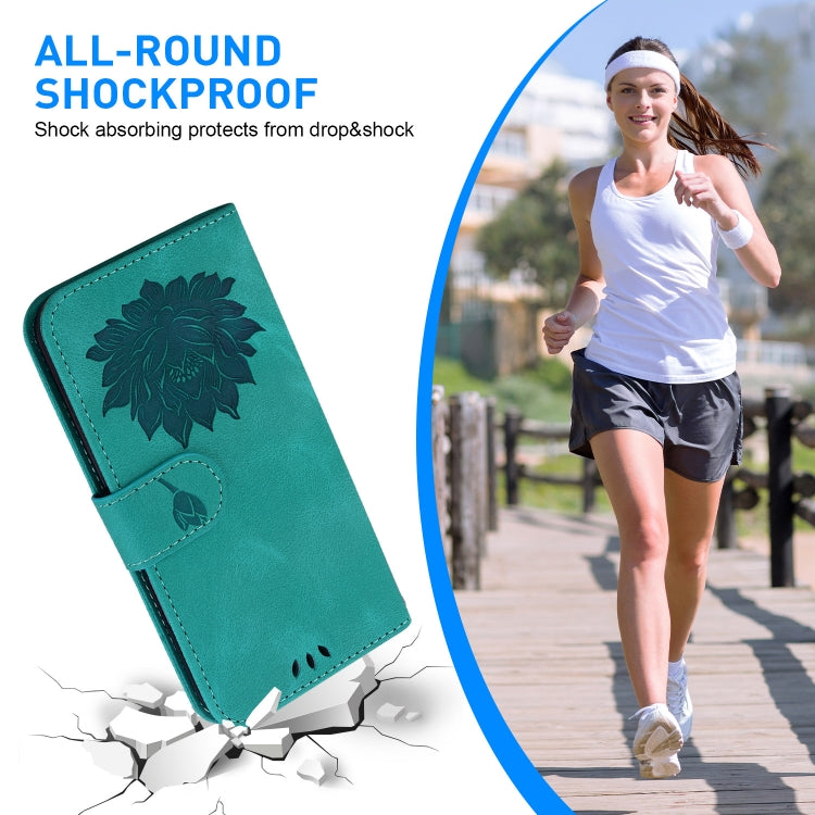 For iPhone 16 Plus Lotus Embossed Leather Phone Case(Green) - iPhone 16 Plus Cases by PMC TechLife | Online Shopping South Africa | PMC TechLife | Buy Now Pay Later Mobicred