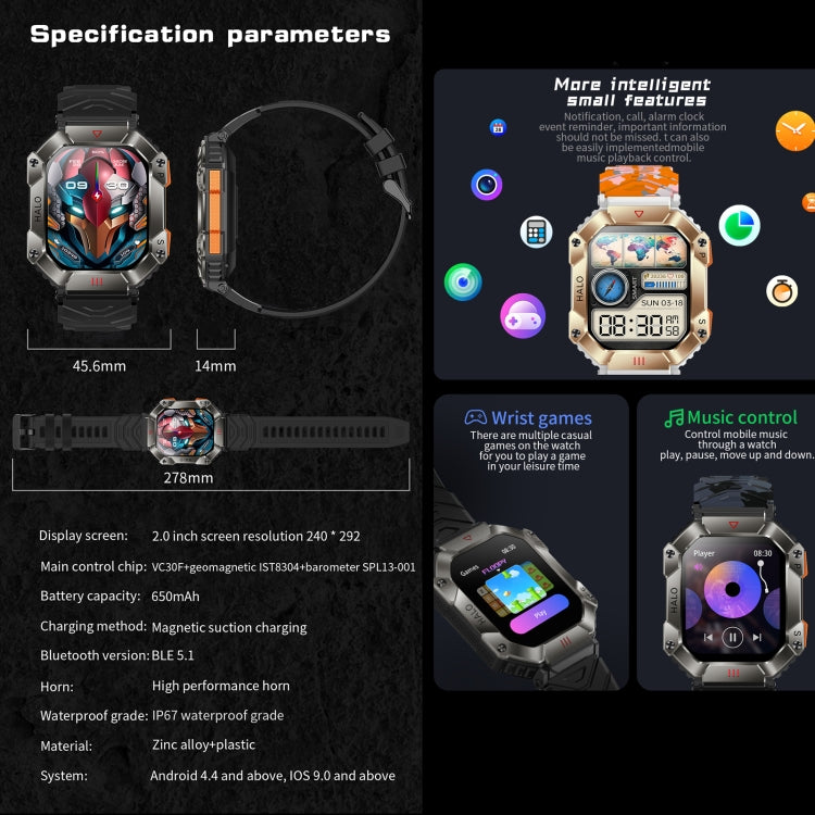 KR80 2.0 inch BT5.1 IP67 Sport Smart Watch, Support Bluetooth Call / Sleep / Blood Oxygen / Heart Rate / Blood Pressure Health Monitor(Black+Orange) - Smart Watches by PMC TechLife | Online Shopping South Africa | PMC TechLife | Buy Now Pay Later Mobicred