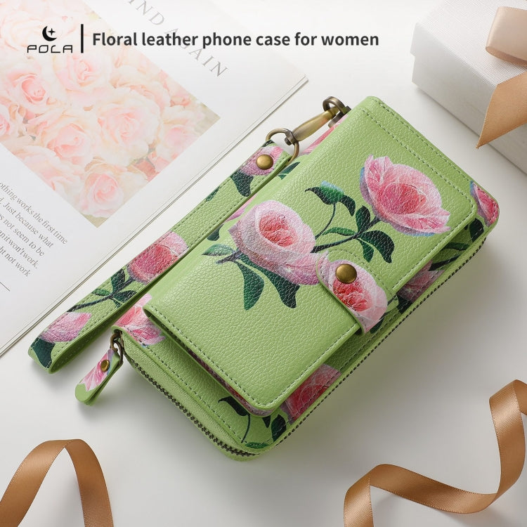 For Samsung Galaxy S24 5G POLA Flower Multi-functional Zipper Wallet Leather Phone Case(Green) - free shipping - PMC Jewellery - Order now!