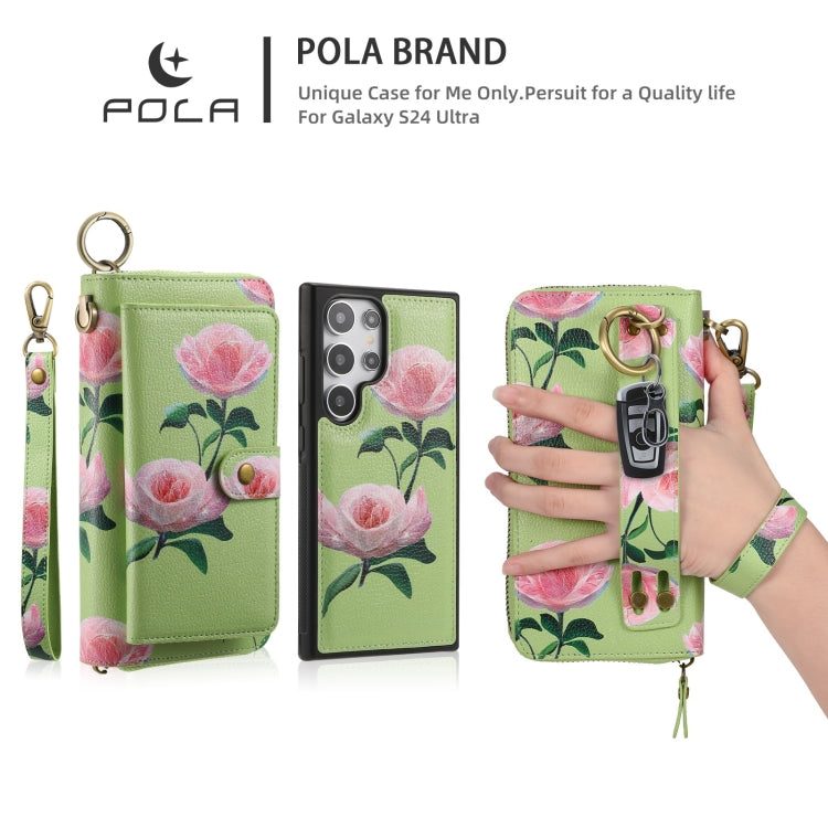 For Samsung Galaxy S24 5G POLA Flower Multi-functional Zipper Wallet Leather Phone Case(Green) - free shipping - PMC Jewellery - Order now!