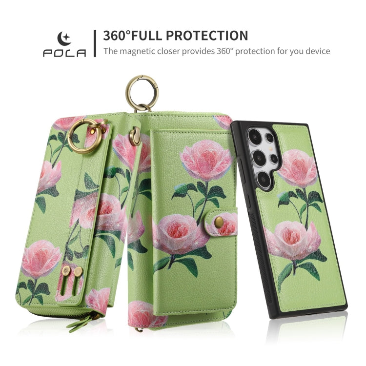 For Samsung Galaxy S24 5G POLA Flower Multi-functional Zipper Wallet Leather Phone Case(Green) - free shipping - PMC Jewellery - Order now!