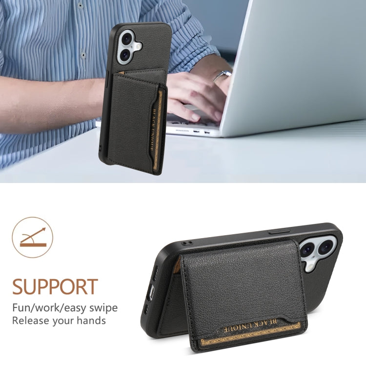 For iPhone 16 Plus Calf Texture Card Bag Design Full Coverage Phone Case(Black) - iPhone 16 Plus Cases by PMC TechLife | Online Shopping South Africa | PMC TechLife | Buy Now Pay Later Mobicred